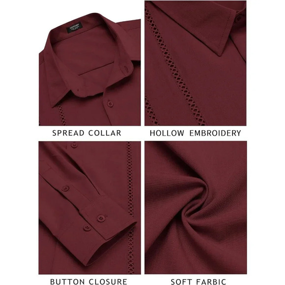 ❤️Mens Red Cuban  Shirt Casual Button Down Shirts Long Sleeve Beach Linen Shirts - Picture 5 of 6